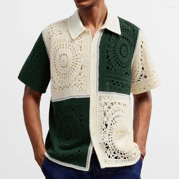 Men's Polos Summer Fashion Men Polo Shirt Hollow Out Knitted Shirts Crochet Cardigan Tops Turn Down Collar Short Sleeve T-shirt SY0109