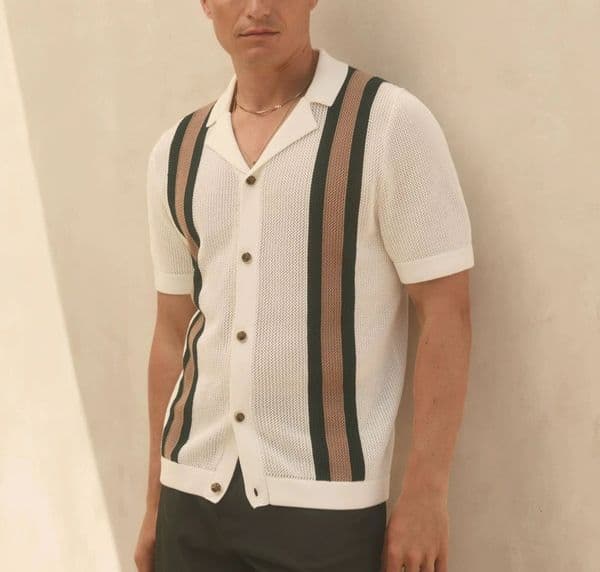 Men Hollow Out Striped Tops Casual Suit Collar Knit Polo Shirt Fashion Short Sleeve T-shirt Leisure Summer Streetwear 260416