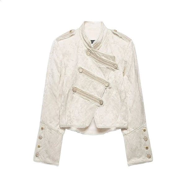 YENKYE 2026 Women Jacquard Cropped Jacket High Neck Long Sleeve Frayed Trim Vintage Coat 260415
