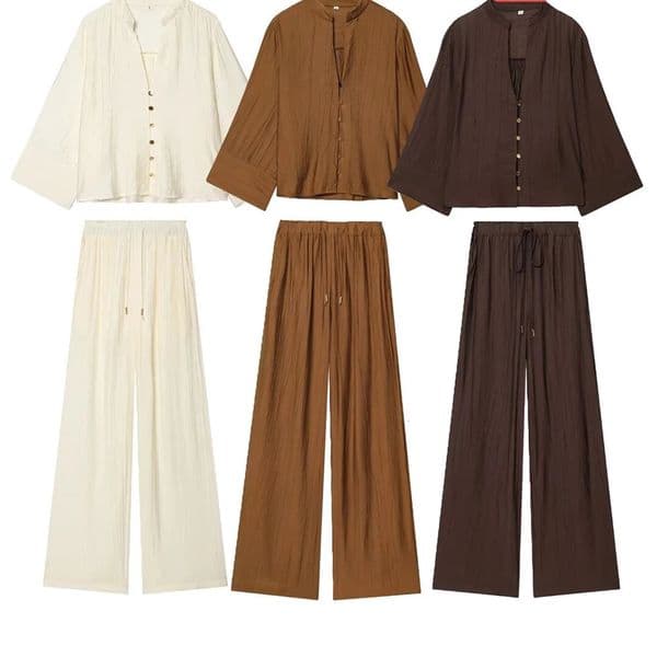 Autumn womens loose and simple Vneck long sleeved shirt with elastic waist wide leg pants set 260416BANJIA
