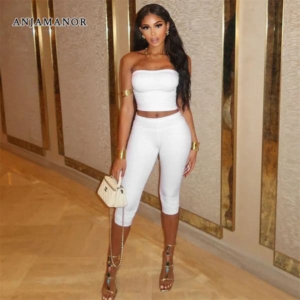 ANJAMANOR White 2 Pieces Set for Woman Summer Outfits Stretch Tube Top and Capris Pants Leggings Matching Sets D85-BF22 260121BJ