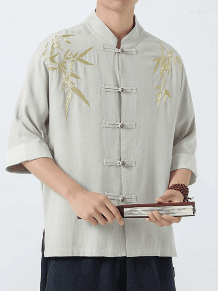 Ethnic Clothing Men's Linen Cotton Blend Short Sleeve Shirt Summer Casual Wear Five-Quarter Hanfu Style Chinese Zen Costume