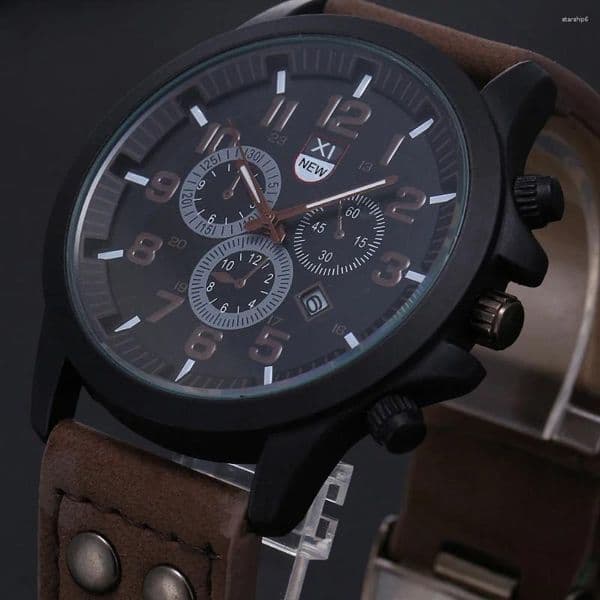 Wristwatches Selling Men's Watch Arrival Leather Strap Calendar Trendy Quartz Movement Precise Black Dial Stylish Wristwatch