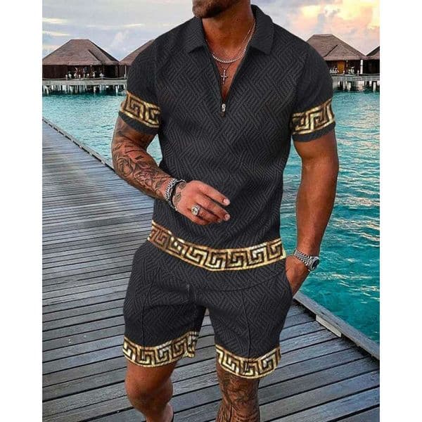 Men 2 Piece Outfit Summer Short Sleeve Zip Up Polo Shirt And Shorts Set Print Turn Down Collar Casual Loose Fit Breathable Lightweight for Beach Vacation