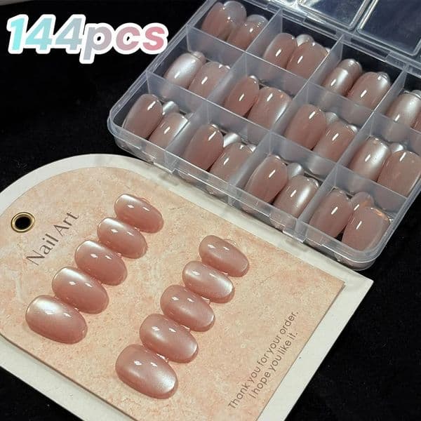 144pcs/box Natural Nude Cat Eye Fake Nails Short Almond n Full Cover Fasle Nail Acrylic Press On Nails Elegant Nail Patches 260415