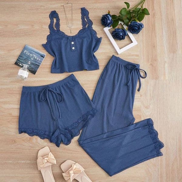 Womens Summer 3PCS Pajama Sets Solid Vest Shorts and Pants Paired with Lace Splicing for Homewear Sexy Sleepwear 260415BJ