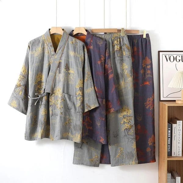 Mens Spring and Autumn Kimono Robes with Long Pants Pajamas Set Home Clothes Cotton Loose Pijama Masculino 260415