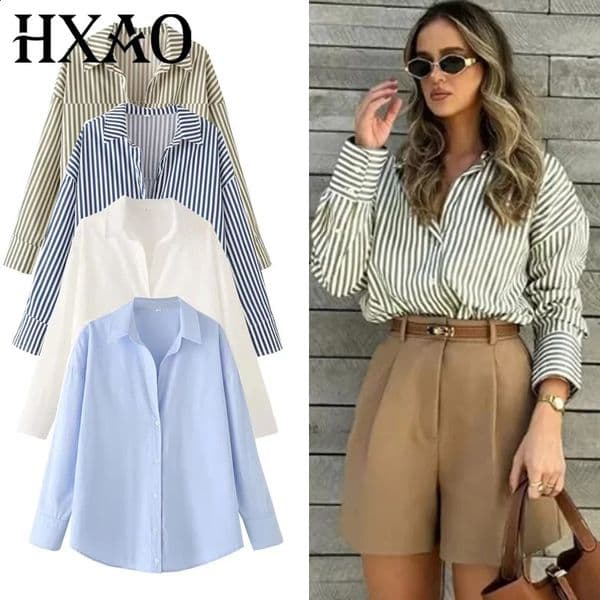 HXAO 2025 Woman Blouses Long Stripe Shirts Women Spring Summer Long Sleeve Blue White Shirt Woman Large Tops Button Up Shirts 260415BJ