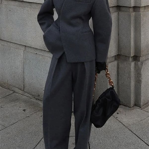 Casual Solid Womens Woolen Coat Trouser Suits Waist-Closed V-Neck Straight Pants Lady Set Spring 2 Pieces Set Women 260209BJ