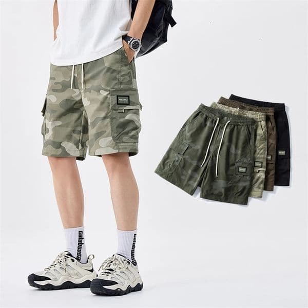 Summer 100 Mens Camo Cargo Shorts Elastic Waist Loose Casual Work Camouflage Shorts Streetwear Male Plus Size M-4XL 260410BJ