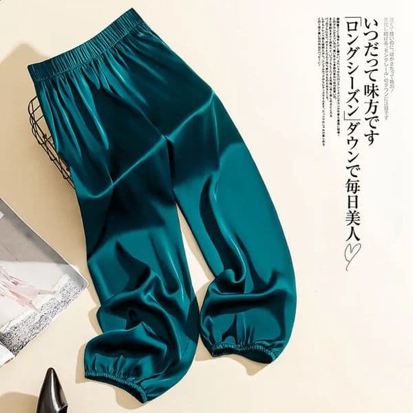 High Waist Ice Silk Acetate Wide Leg Pants for Women Summer Loose Silk Satin Knickerbockers Silk Pants Ankle Length Trousers 260414