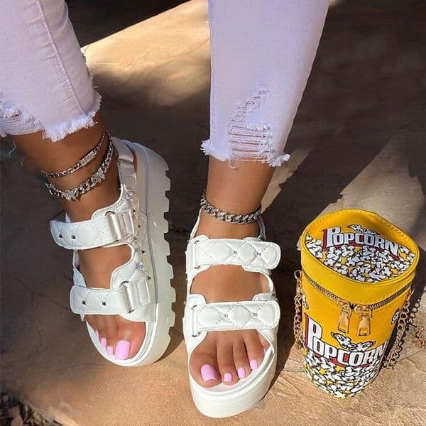 Women's Sandals new studded plaid platform thick-soled European style large size one-strap Velcro Roman sandals Slippers