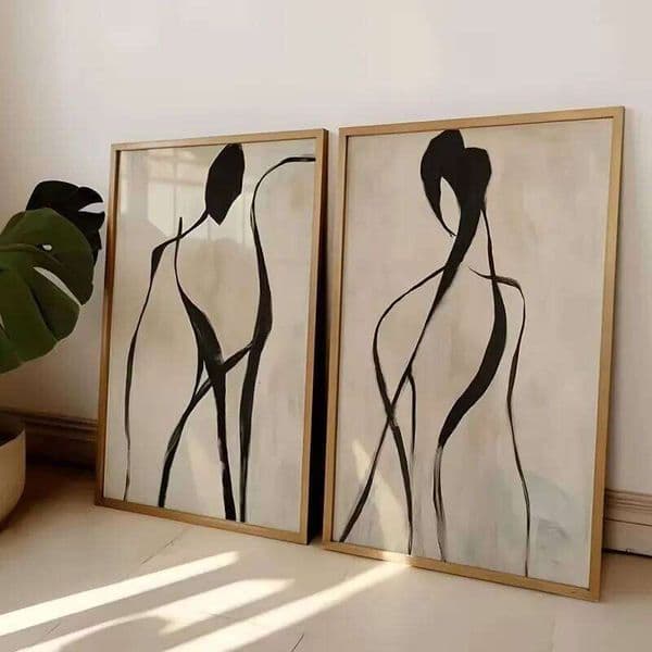 2pcs Abstract Black Beige Line Canvas Poster Picture Art Wall Printed Matter Minimalist Female Figure Living Room Home Decoratio 26H0416