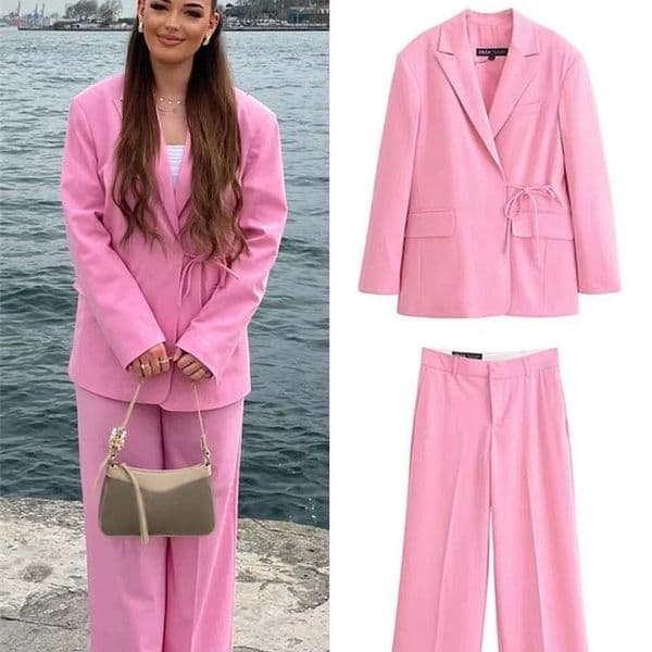HH Women Pink Blazer Suit TurnDown Collar Long Sleeves Pocket LaceUp Blazers TopFashion High Waist Zipper Wide Leg Pant 260324