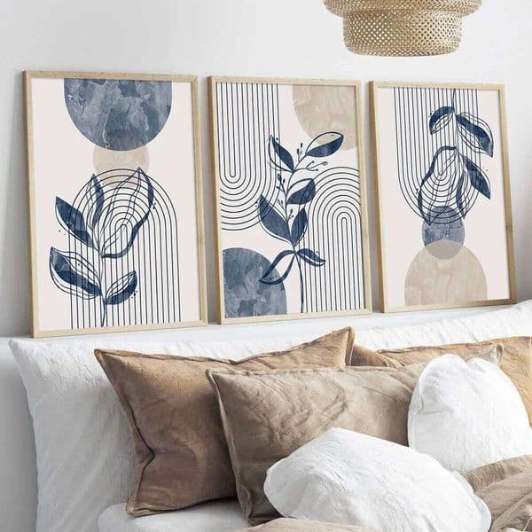 Set of 3 Navy Blue Beige Abstract Lines Art Bohemian Plant Geometric Print Posters, Medieval Prints, Ideal Gifts for Bedroom and Liv 26H0416