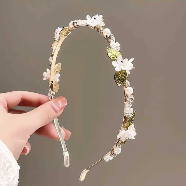 Forest-Style Pearl Flower Headband for Women Sweet Hair Clip Internet-Famous Green Leaf Headband Versatile and High-End HeadwearT260416