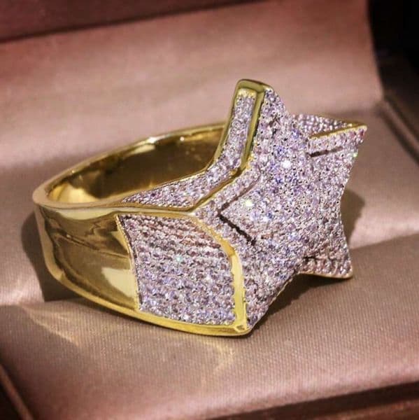 Mens Iced Out Gold Rings Five-pointed Star Stones Rings Hip Hop Ring Jewelry