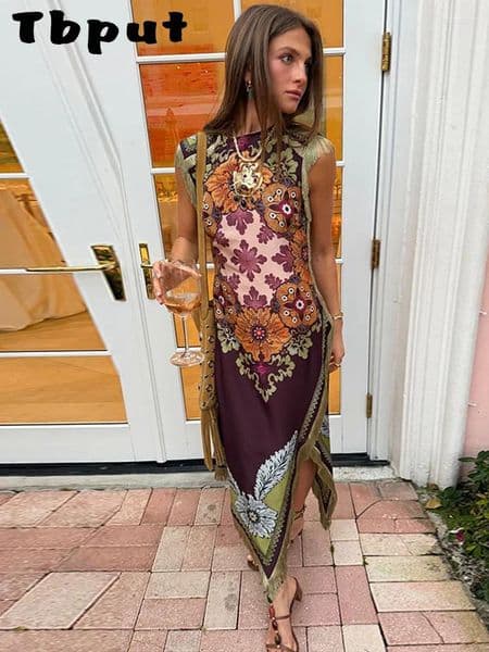 Casual Dresses Elegant Printed Women's Dress Fringed Sleeveless Slim Irregular Lady 2026 Spring Summer Chic Female Holiday Robe