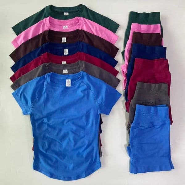 Active Sets 2 Piece Women Outfit Longline Short Sleeve Gym Crop Top High Waist Workout Shorts Sports Suit Fitness Clothes Yoga Set