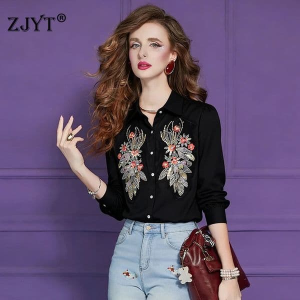 ZJYT Beading Sequined White Satin Blouse for Womens Elegant Long Sleeve Korean Style Loose Shirt Tops Casual Daily Office Lady 260416BANJIA