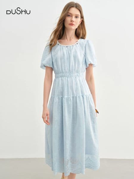 DUSHU Holiday Season Women Embroidered Long Dress 2025 Summer Arrival Lantern Puff Sleeve High Waist Slim Dress 25DS82746 260414BJ
