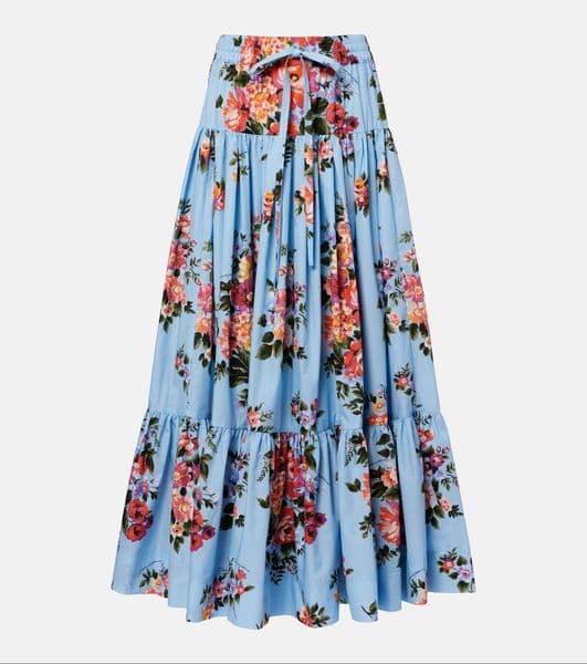 blue background big flower poplin cotton elastic waistband 3.5-meter long skirt