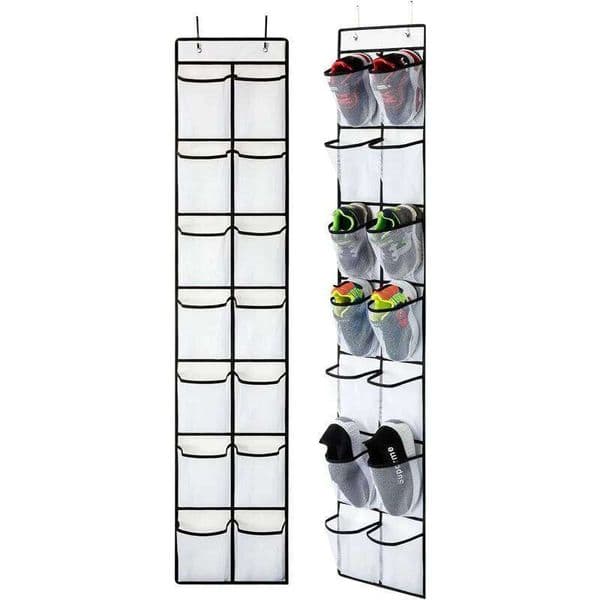 12Pockets Over The Door Rack with 2 Metal Hanging Shoe Holder Organizer Mesh Storage Bag 26Y0416