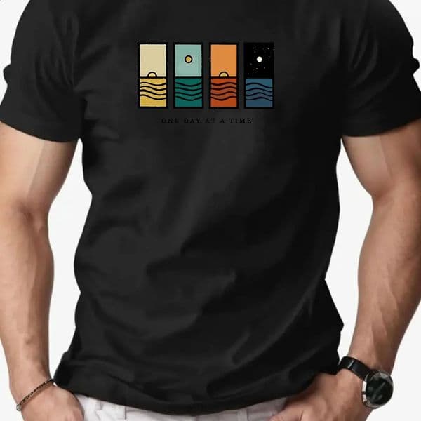 Men One Day At A Time Graphic Casual TShirt Summer Short Sleeve Round Neck Tee with Colorful Stripes Clothing 260415BJ