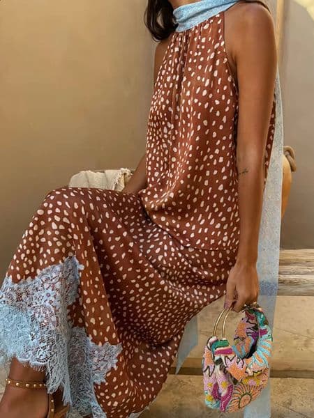 Casual Slim Set Vintage Polka Dot Printed Lace Spliced Vacation Set Elegant Lady Sleeveless Halter TopsHalf Skirts Sets 260415BJ