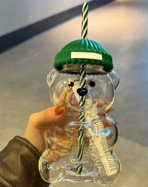 Luxury Designer Decor 20Oz Star Bucks Glass Teddy Bear Barista room Cup Straw Cute Transparent Tumbler With Hat For Iced Coffee Cold Drink C 8