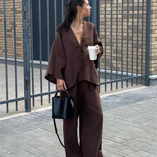 Causal Oversized Solid Cotton Linen Pant Suit Women Single Button Long Sleeve Vneck Shirt Set 2026 Summer Lady Streetwear 260324