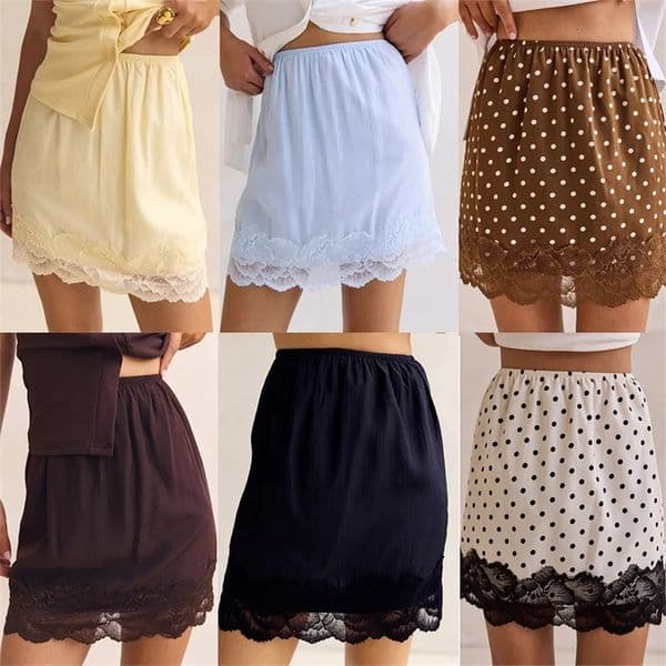 Women Summer Sexy Satin Lace Patchwork Mini Skirts Vintage Solid Color/Polka Dot Print Low Waist Elegant Going Out Mini Skirts 260326BJ