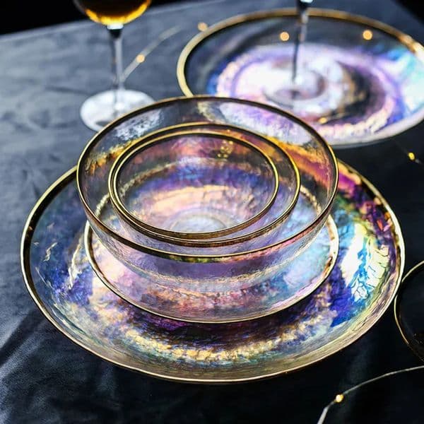 Luxury Designer Decor room Kinglang Dazzle Painted Gold Dish Seven Color Transparent Hammer Grain Glass Plate Salad Fruit Bowl Wester 240808 8