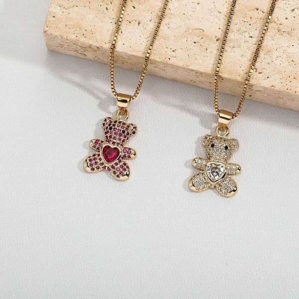 Heart Bear Simple Pendant Ins Internet Celebrity Inlaid Colorful Moissanite Sweater Chain Necklace Jewelry Export
