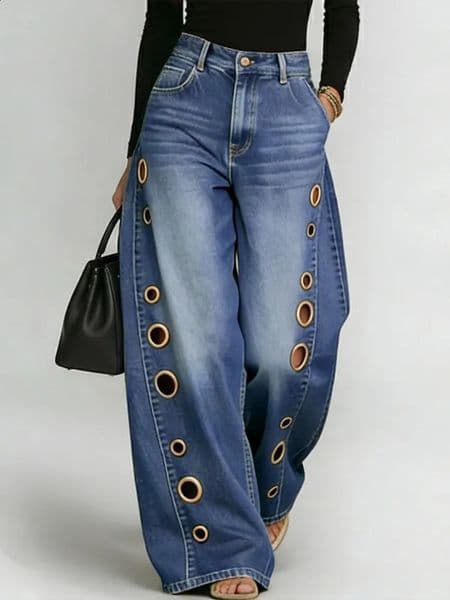 Missuoo Womens Washed Blue HighWaist Metal Grommet Wide Leg Jeans 2026 Casual Loose Fit Streetwear Pants Trousers 260415