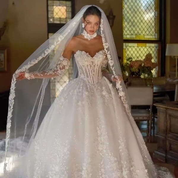 2026 Customized Romantic Floral Lace A Line Wedding Dresses Long Sleeves Sweetheart Corset Boning Princess Bridal Gowns Court Train Bride Vestidos De Novia LG1188