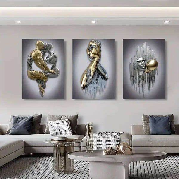 3pcs Metal Figure Statue Canvas Painting Romantic Abstract Poster Modern Art Living Room Bedroom Decor 26H0416