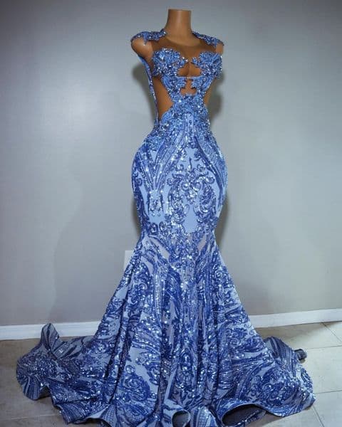 Luxury See Through Blue Mermaid Prom Dress Sexy Dazzle Lace Applique Sequins Black Girl Birthday Party Evening Gowns M30