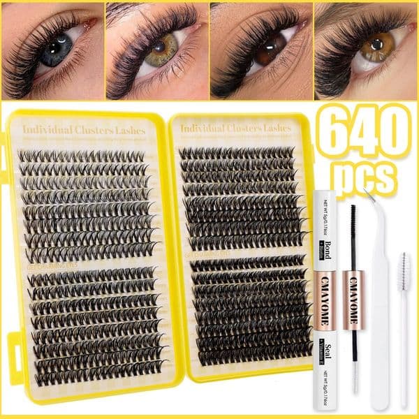 DIY Individual Eyelashes Fluffy Wispy Lash Clusters D Curled DIY Eyelash Extension Kit with Lash Adhesive Tweezer Strong Hold DIY Segmented Lashes