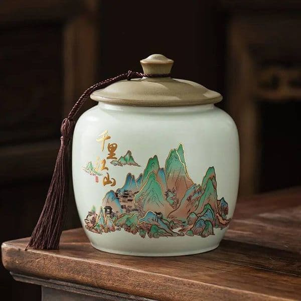 Bestseller Creative Painted Mountain Pattern Ceramic Tea Large Capacity Sealed Moisture-Proof Storage Coffee Beans Candy Food Jar Ddmytues