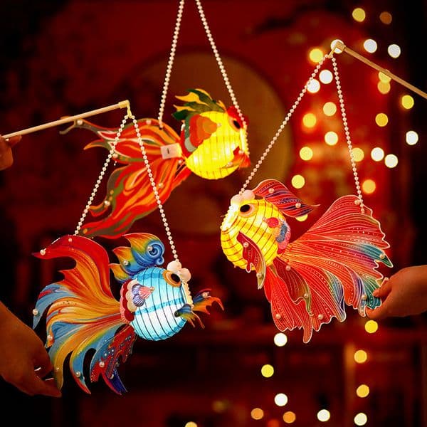 2025 New Mid-Autumn Festival Children's Handheld Glowing Fish-Shaped Handmade DIY Material Ancient Style Goldfish Lantern
