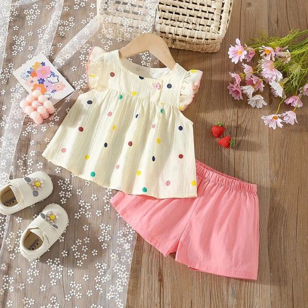 Summer Baby Girl Colored Polka Dot Small Flying Sleeve Top And Shorts Set Girl Beach Two-Piece Set260415BJ