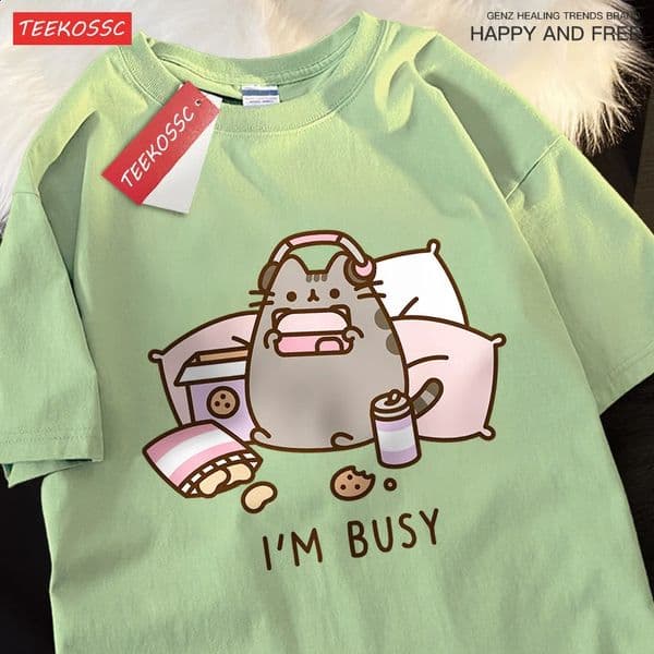 Sorry IM Busy Cat Playing Games With Headphones Man T Shirt High Quality Clothing Loose Shirts Cotton Tops Couple 260415