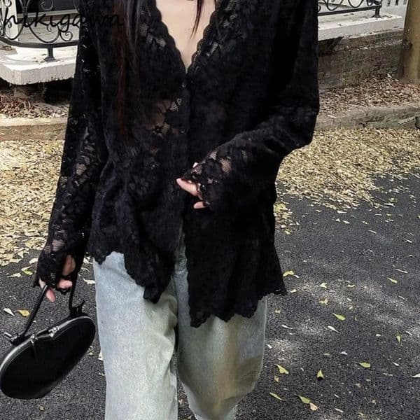 Long Sleeve Lace Blouses Women Clothing 2025 Blusas Mujer De Moda Hollow Out Sexy Tops See Through Fashion Summer White Shirts 260415BJ