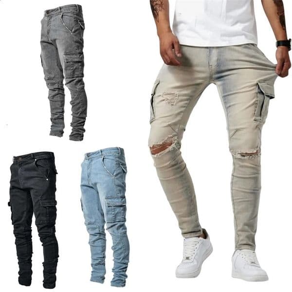 Men Elastic Skinny Jeans Casual Denim Pants Slim Fit Trousers Multi-Pocket Black Jeans Soild Cargo Pants Streetwear Man Clothing 260209BJ