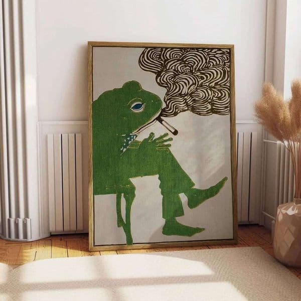 Frog Smoking a Cigarette Vintage Art Retro Whimsical Print Funny Animal Wall Decor Poster for Bar Cart Quirky Kitchen Wal 26H0416