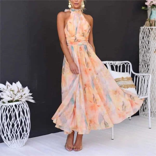 Elegant Summer Womens Dress Printed Fashion Resort Dress Slveless Sexy Hollow Backless Halter Neck Strappy Long Party Dresses L260416