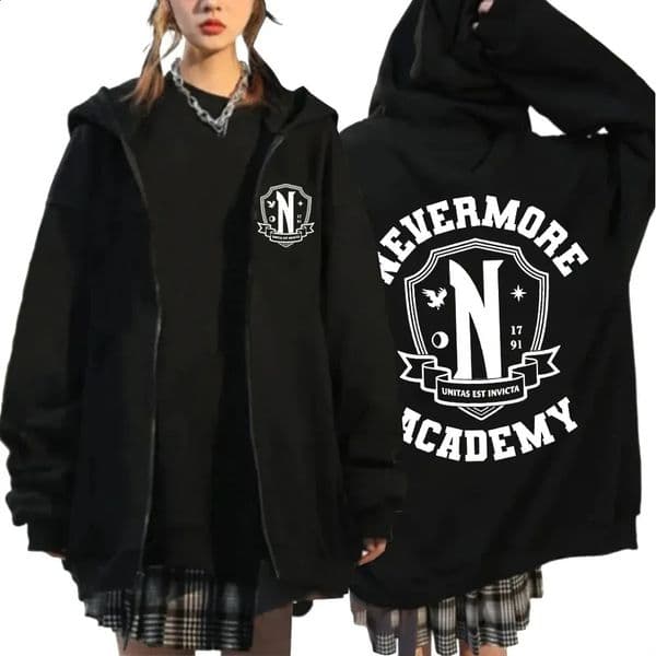 Men Women Nevermore Academy Print Graphic Zipper Hoodie Casual Long Sleeve Harajuku Oversized Zip Up Coats Hoodies 260415