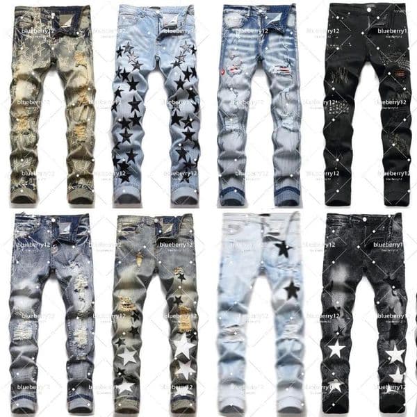 Men's Jeans Designer Embroidery Hip Hop Joker Denim Pants Men Broken Hole Patch Elastic Slim Feet Pencil Trousers