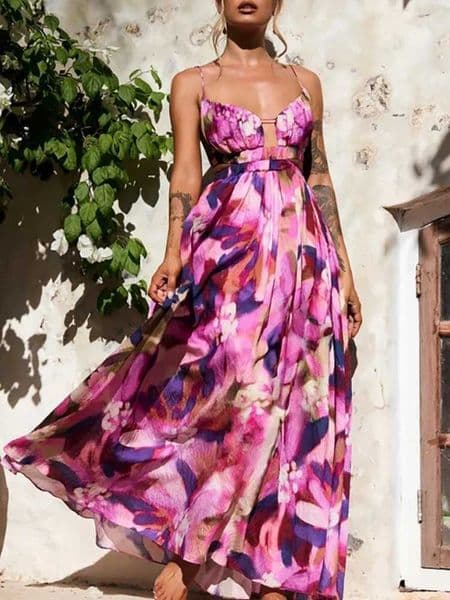 Watercolor print swt and elegant fairy dress summer casual vacation suspender backless big swing dress L260416